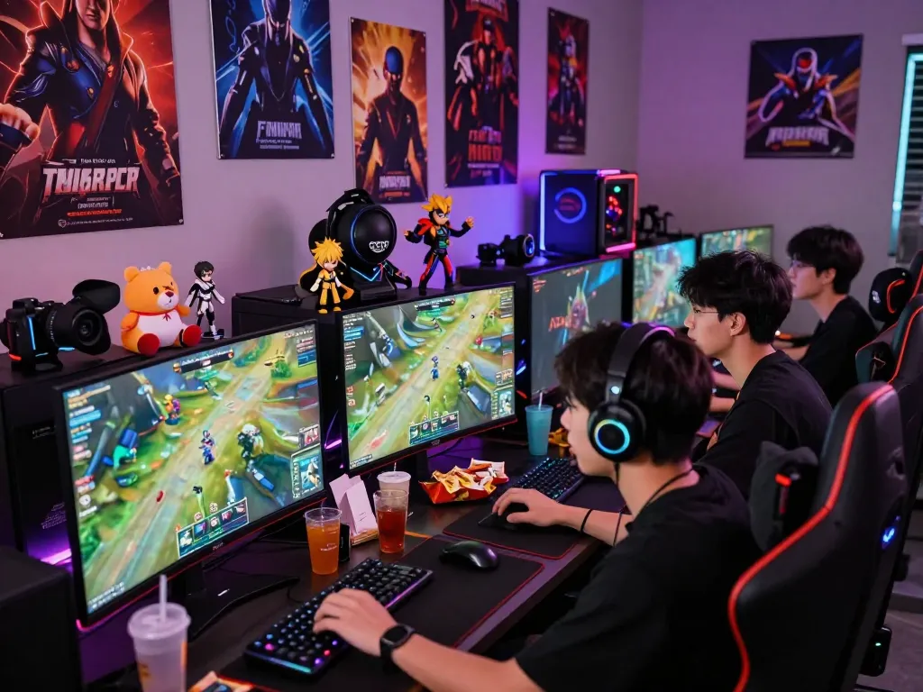 Youthful gamers enjoying bomwin platform with vibrant gaming setup and collectibles