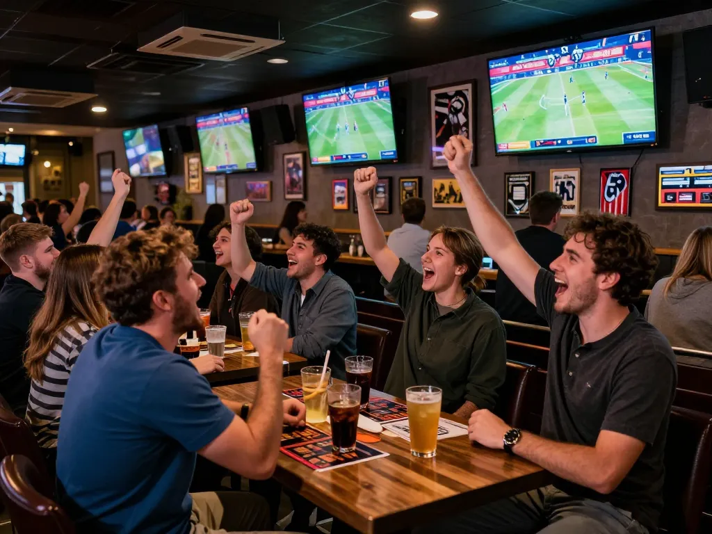 Tg88 sports bar atmosphere filled with excitement, patrons engaging in live sports betting.