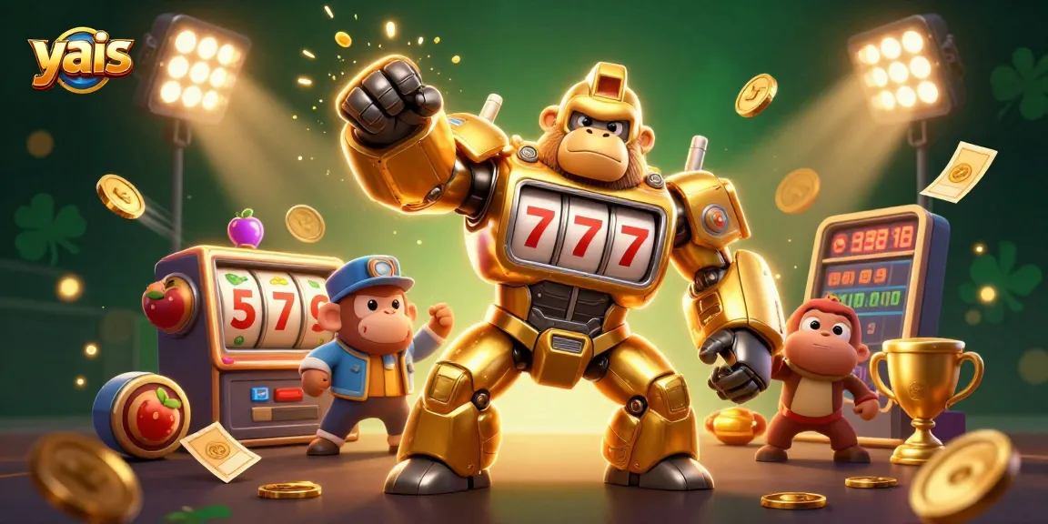 Experience the thrilling gameplay at yais, featuring an explosive golden gorilla mech and slot reels.