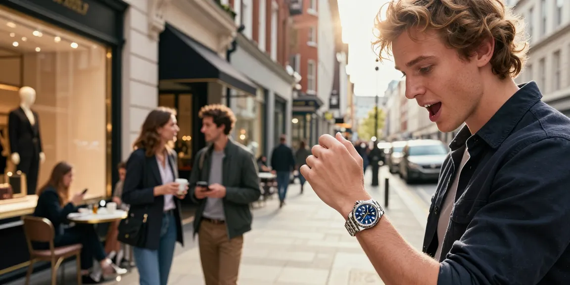Individual wearing a rolex super clone watch in a lively urban setting, showcasing style and luxury.