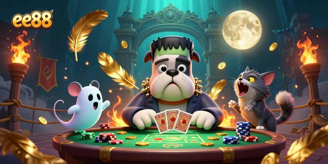 Experience ee88 with a lively scene featuring a 3D Frankenstein bulldog dealer, ghost mouse, and werewolf kitten.