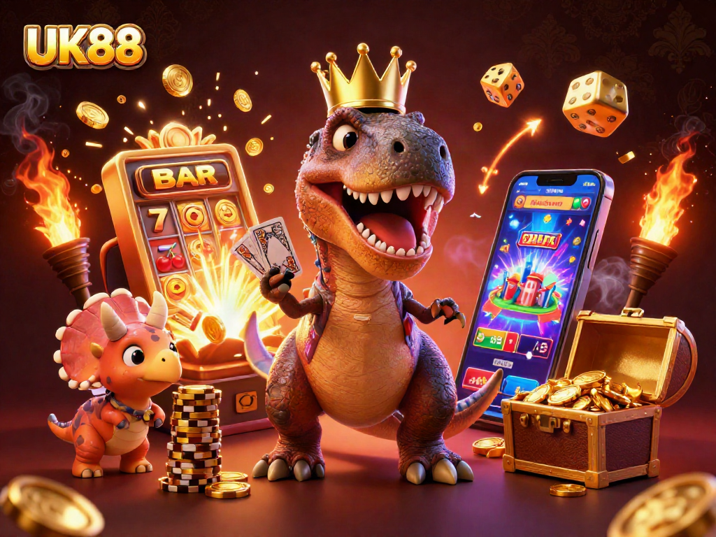 Engage in thrilling gameplay at UK88 with cartoon characters celebrating a massive casino jackpot.