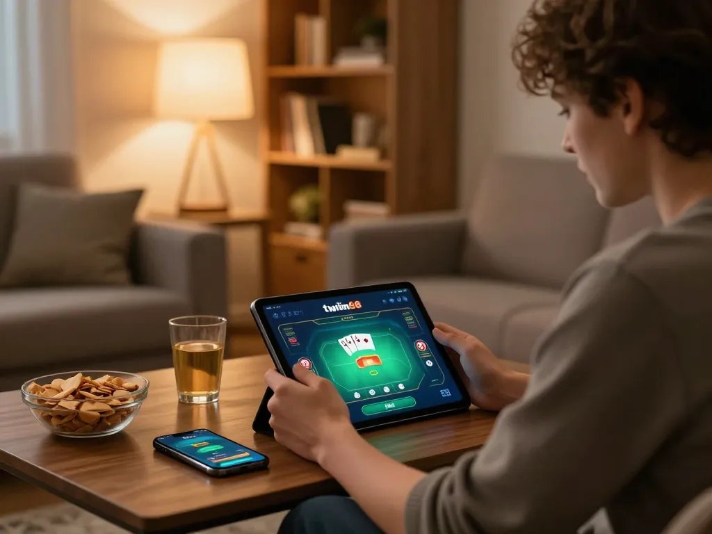 Engaging gaming experience on twiin68 app with a player focused on tablet in cozy home.