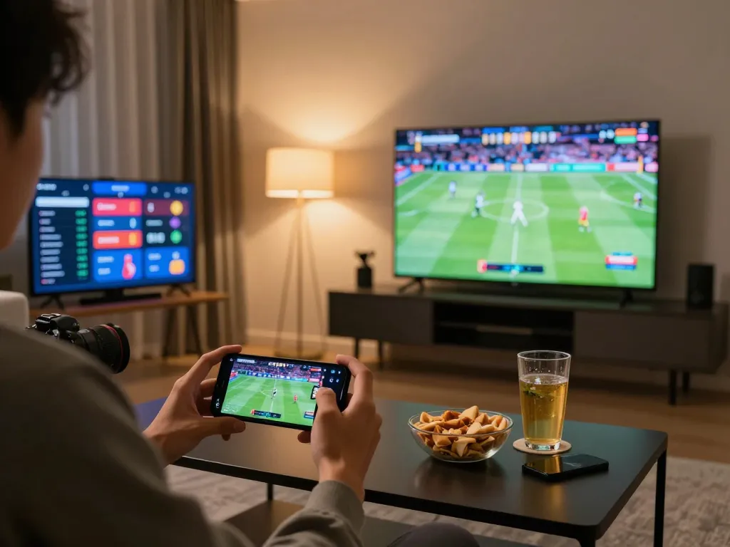 Engaging in live sports betting on 789bet while watching a game at home, smartphone in hand, excitement in the air