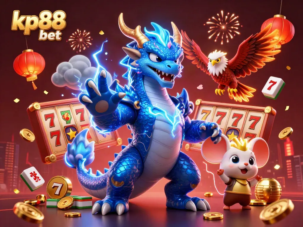 Engage in thrilling gameplay at kp88 bet with a vibrant casino scene featuring mythical creatures and dynamic game elements.