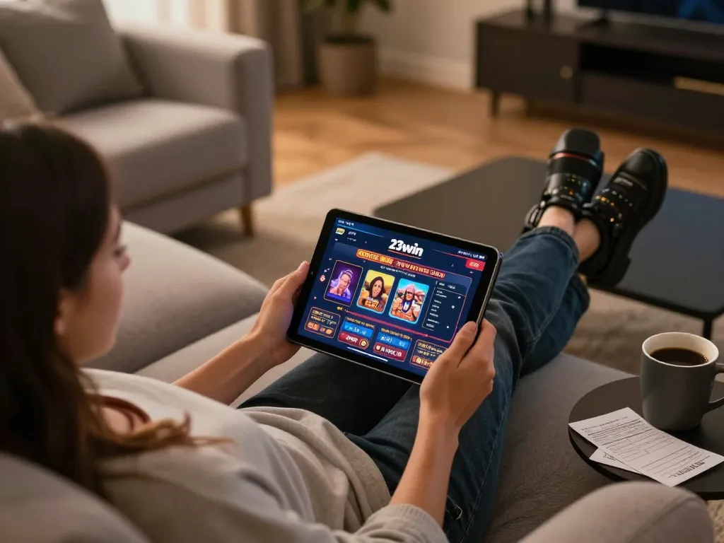 Relaxing with online gambling at 23win com on a tablet in a cozy setting