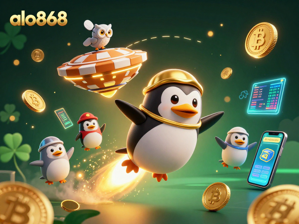 Play exciting games at alo868 Casino as a golden penguin soars through a virtual casino world.