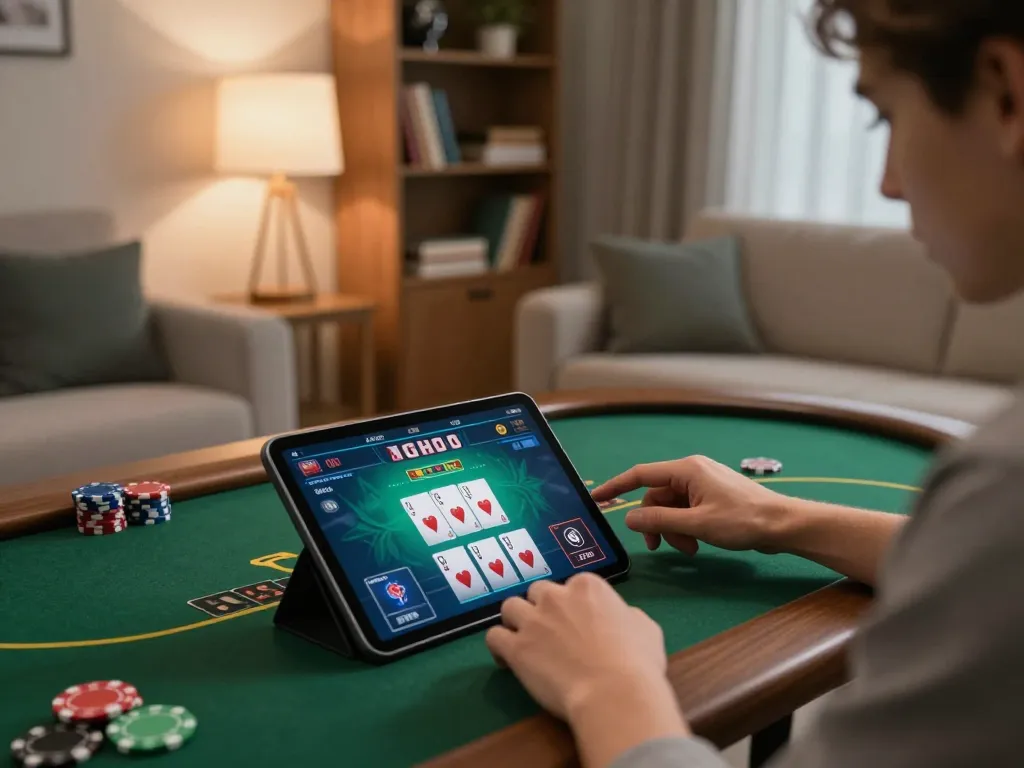 mu88 online gaming with a user engaged in poker on a tablet in a cozy home setting