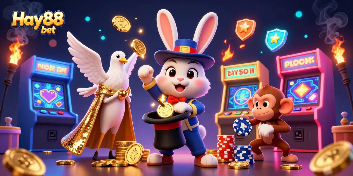 Engage with the magic of Hay88 bet as the magician rabbit pulls golden coins amidst vibrant gaming elements and playful characters.