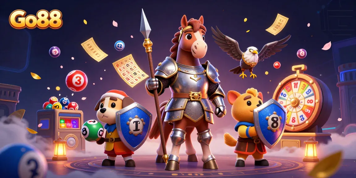 Experience Go88's thrilling gaming action with knights, lottery balls, and vibrant game elements!