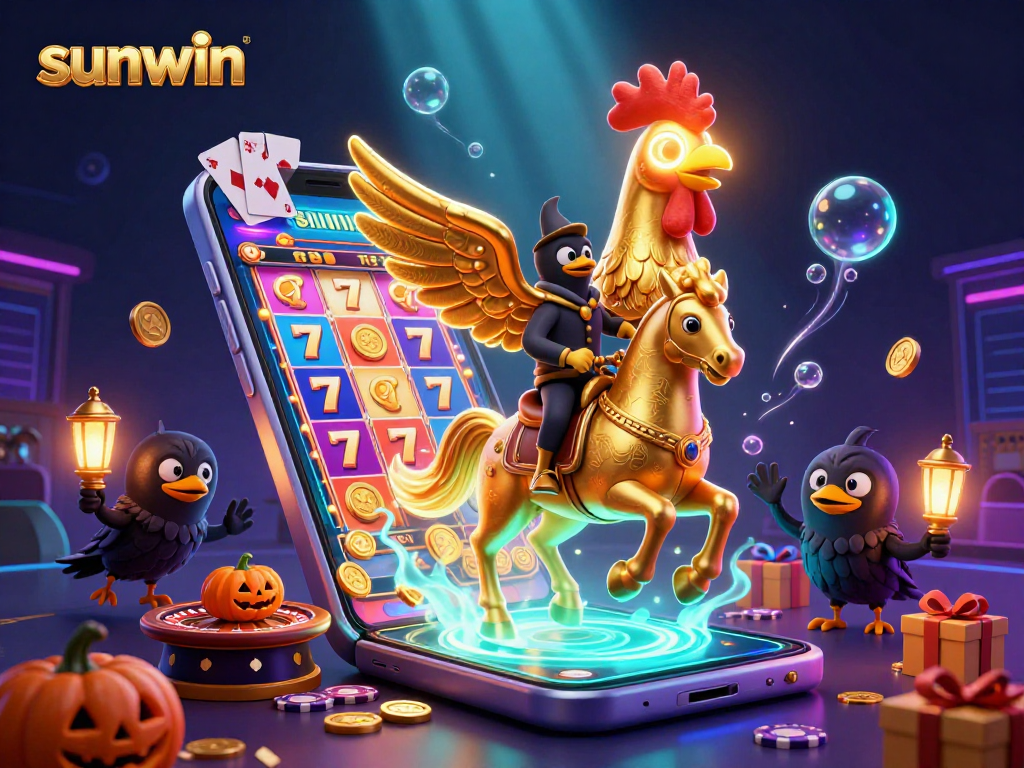 Win big with sunwin’s colorful slot games showcased in a vibrant casino scene featuring unique characters.