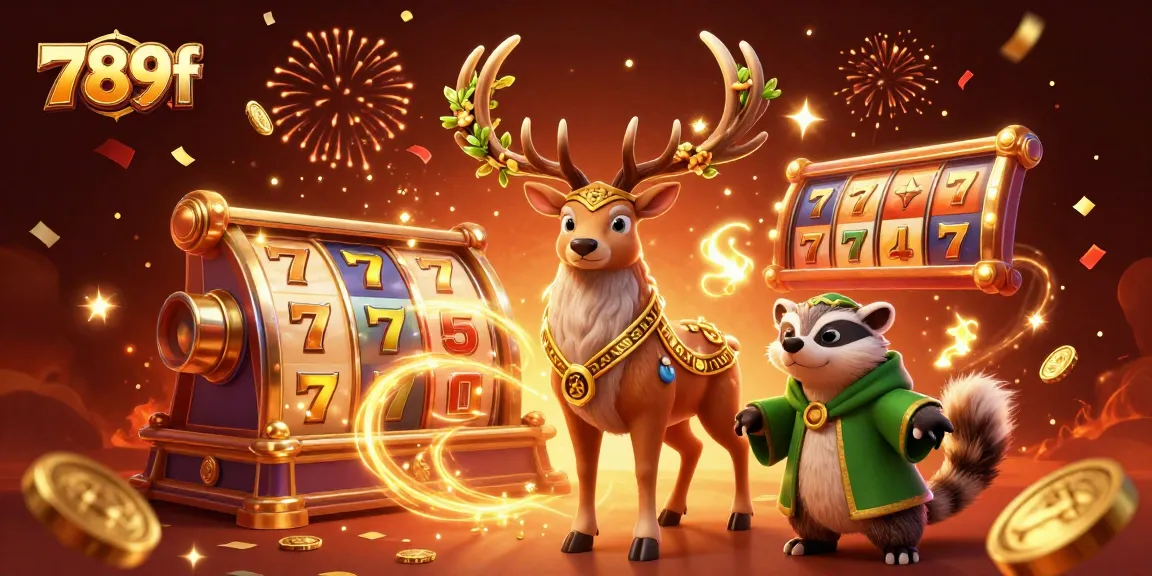 Experience thrilling moments at 789f with vibrant slot games and festive celebrations in this 3D illustration.
