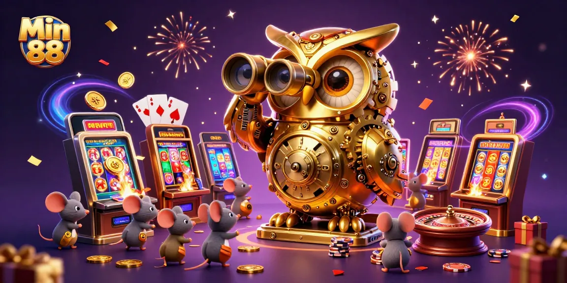 Experience the thrill of Min 88 as a golden owl oversees vibrant casino chaos of spinning reels and winning chances.