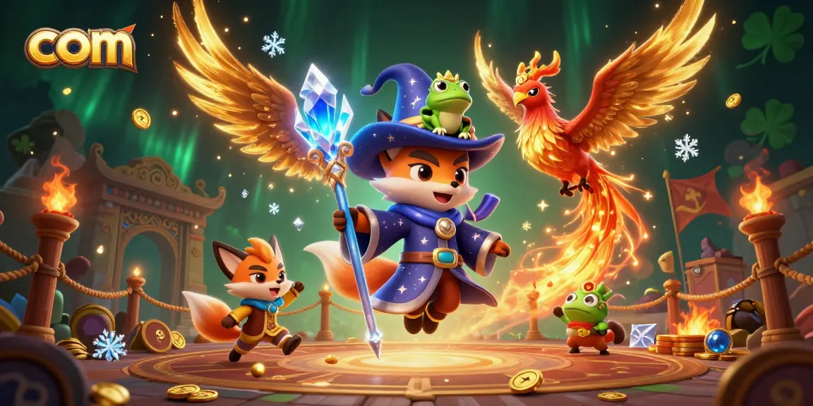 Engage with the magical world of com gambling, featuring a wizard fox, phoenix, and enchanting game elements.