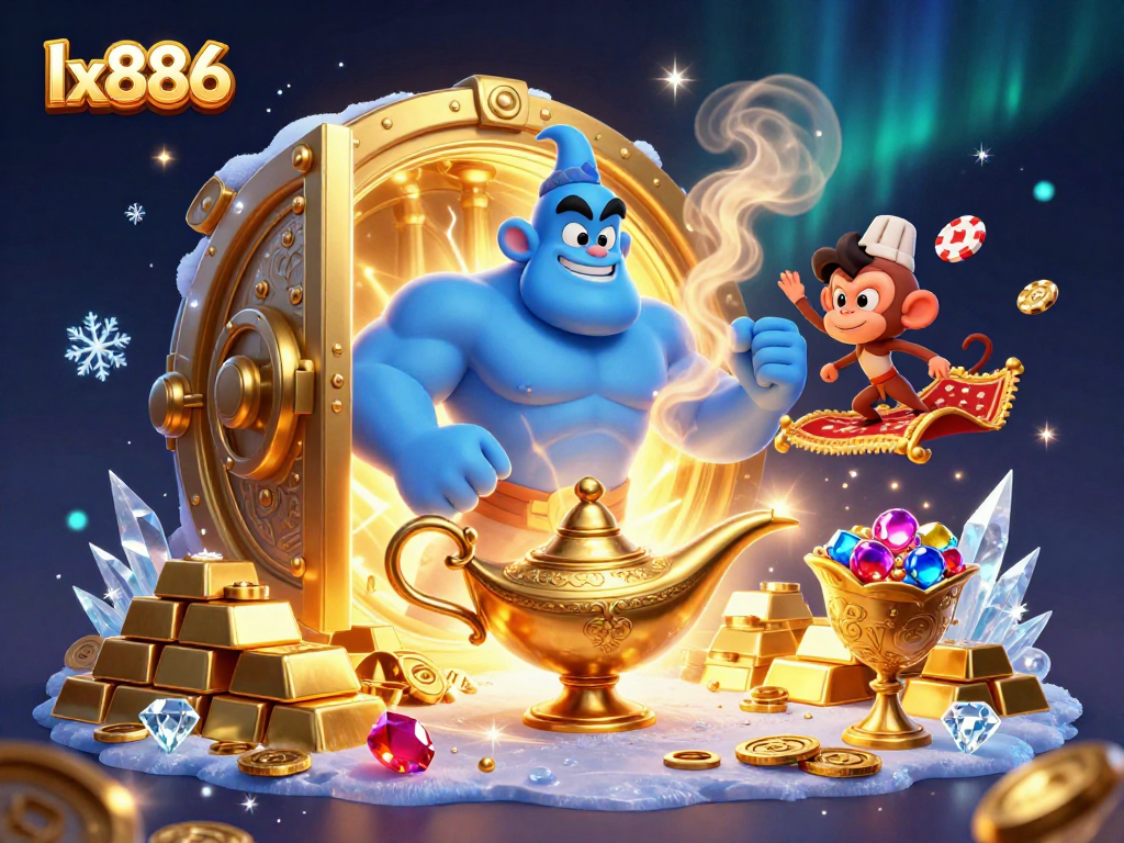 Experience thrilling wins at lx886 with vibrant casino elements surrounding a genie bursting into action.