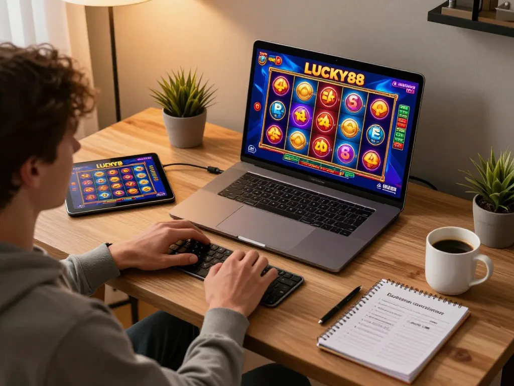 LUCKY88 player enjoying online gaming on a laptop with vibrant slot visuals.