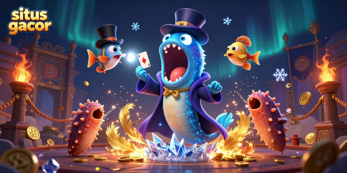 Situs gacor shines with a vibrant underwater magic show featuring a playful eel, anglerfish, and sea cucumber amidst casino elements.