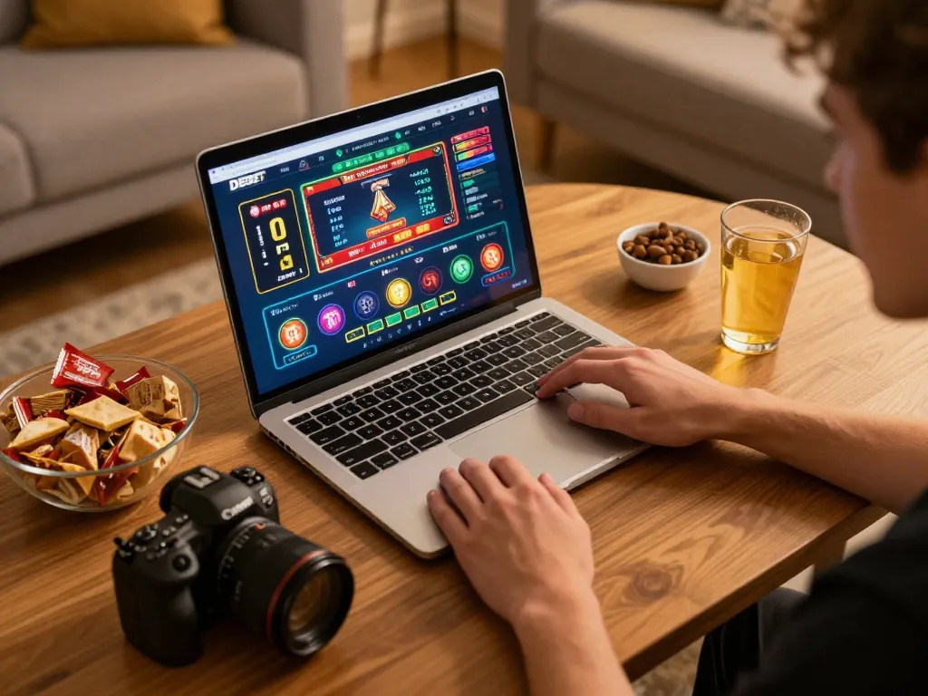 Engaging in online casino gameplay with DEBET, showing laptop interface and dynamic betting.