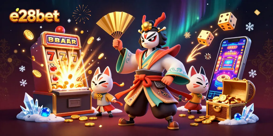 Experience e28bet's thrilling casino games with a kabuki warrior amidst a jackpot explosion.
