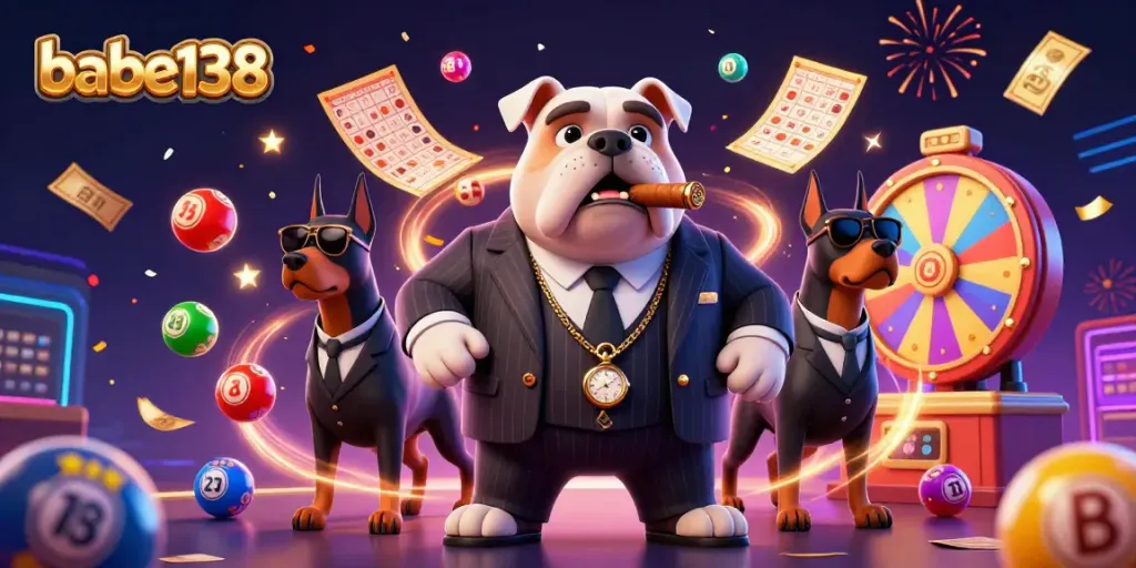 Gambarkan aksi menang di babe138 dengan karakter kartun mafia, anjing, dan permainan lotere yang dinamis.
