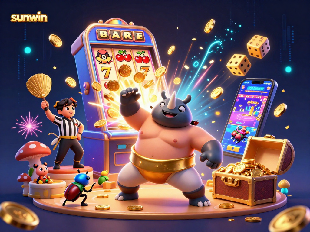 Join the sunwin action with a vibrant casino scene featuring beetle champions and jackpot excitement.