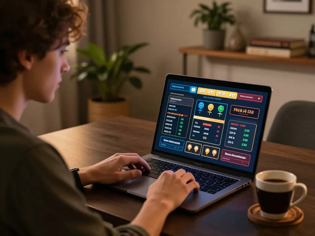 Player engaged in strategic gameplay at hm88 online casino on laptop in cozy home setting.