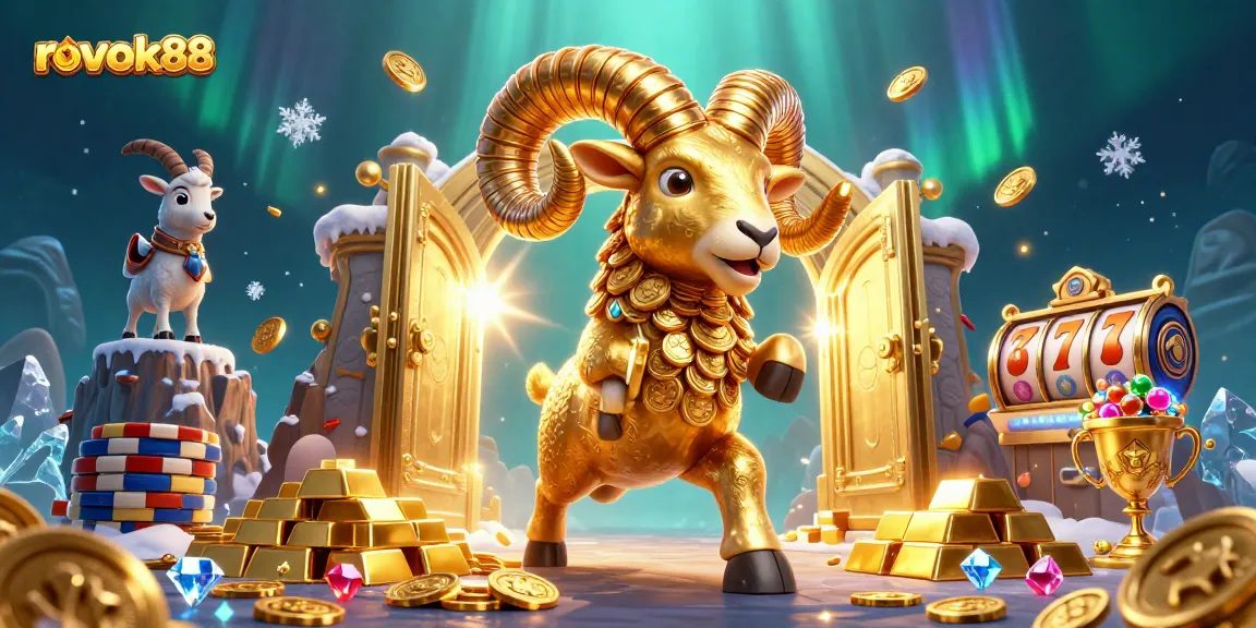 Spin the reels on rokok88 while a golden ram charges through a treasure-filled gate, celebrating wins.