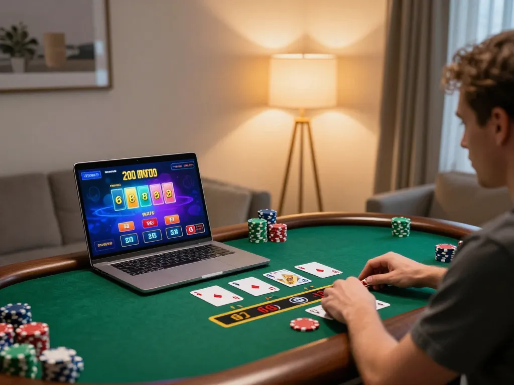 MMOO player enjoying live dealer game on laptop in stylish home setting, showcasing modern online gambling