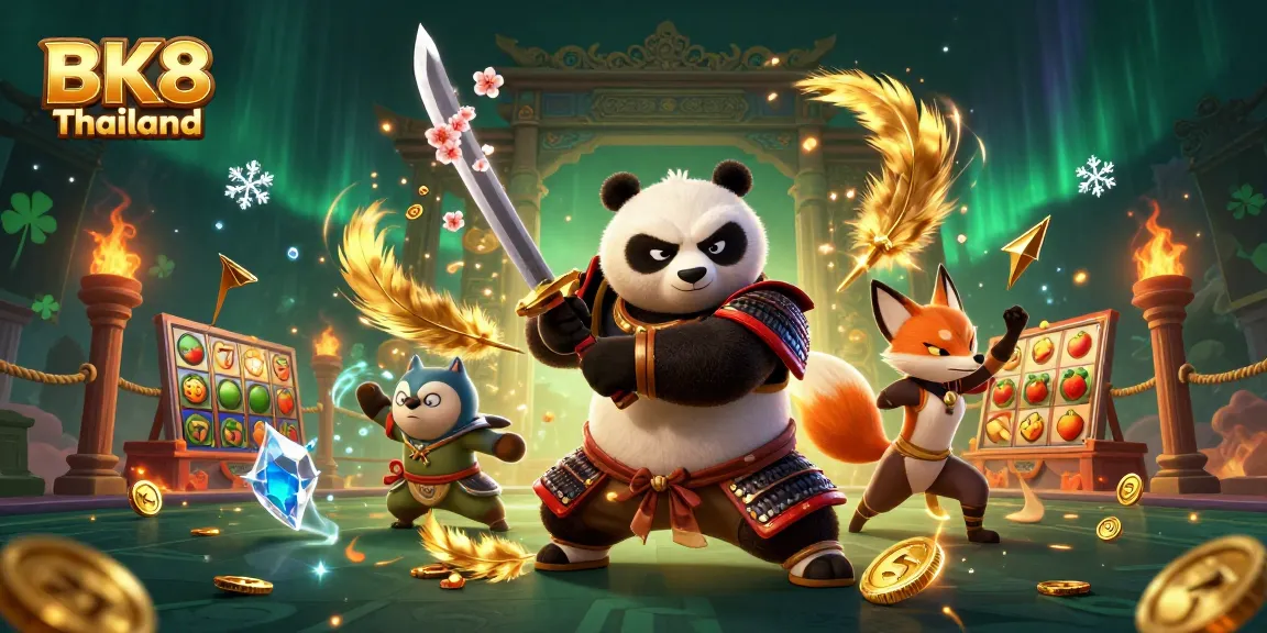 Engage with BK8 Thailand's dynamic casino experience featuring samurai panda, ninja fox, and magical spirit in a vibrant gambling scene.