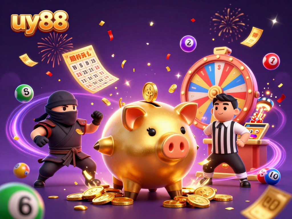 Join the excitement at uy88 with a dynamic 3D casino illustration showcasing a golden piggy bank sumo wrestler, ninja, and samurai in action.