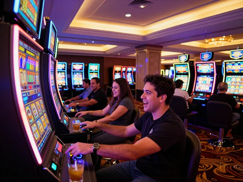 Engaged players enjoying various Slot Malaysia machines in an upscale casino setting.