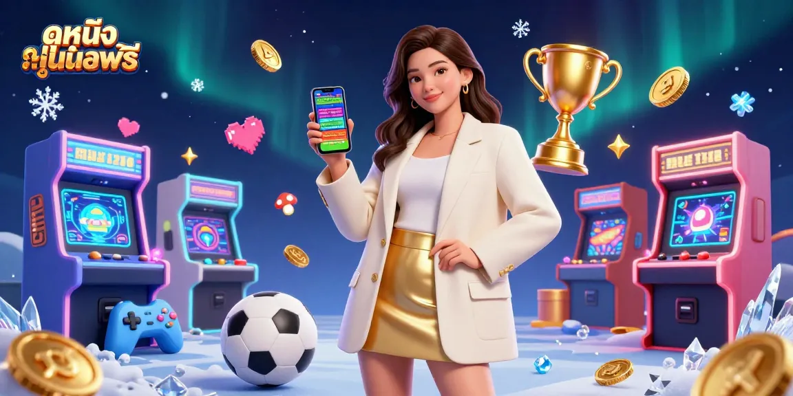 Engage with ดูหนังออนไลน์ฟรี and witness a vibrant casino scene featuring a friendly woman showcasing a sports betting app.