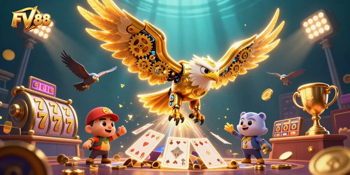 Experience thrilling wins at FV88 with dynamic 3D casino action, featuring golden eagle and interactive game elements.