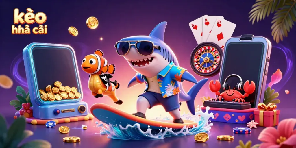Experience the excitement of kèo nhà cái with a thrilling scene of cartoon characters surfing on gold coins amidst a vibrant digital casino.