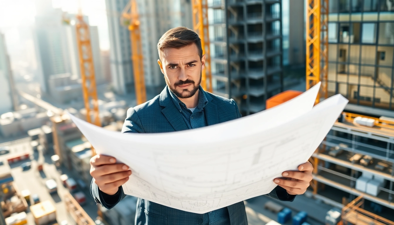 New York Construction Manager reviewing construction plans at an urban site.