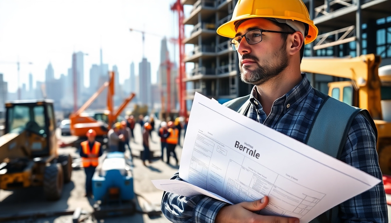 Manhattan Construction Manager directing a construction site with diverse workers and machinery.