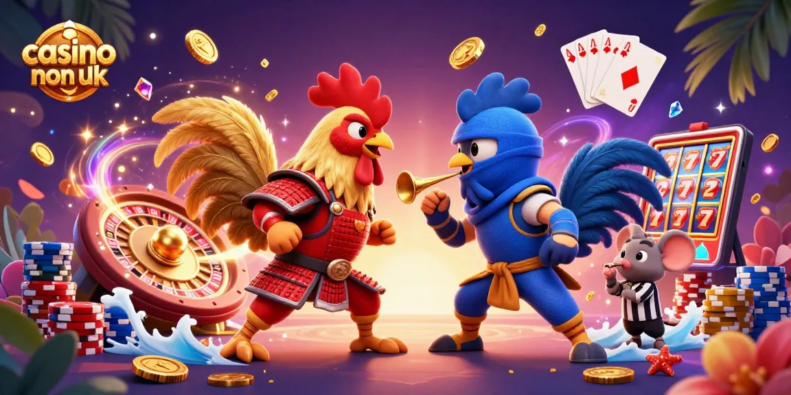 Engage in thrilling gameplay with the vibrant 3D scene showcasing casino non uk action featuring lively fighting roosters amidst casino elements.