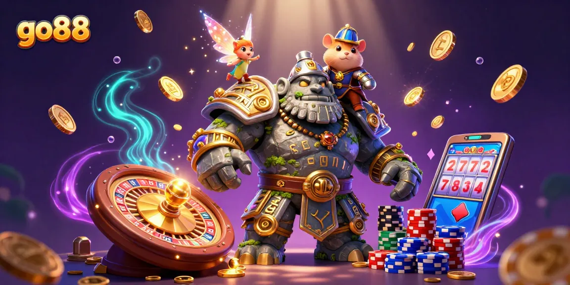 Engage with go88's thrilling casino experience alongside a mystical golem, fairy, and hamster knight.