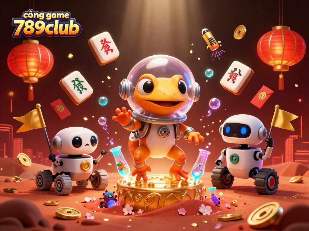 Engage with the vibrant world of cổng game 789club, featuring dynamic 3D casino elements and colorful characters.