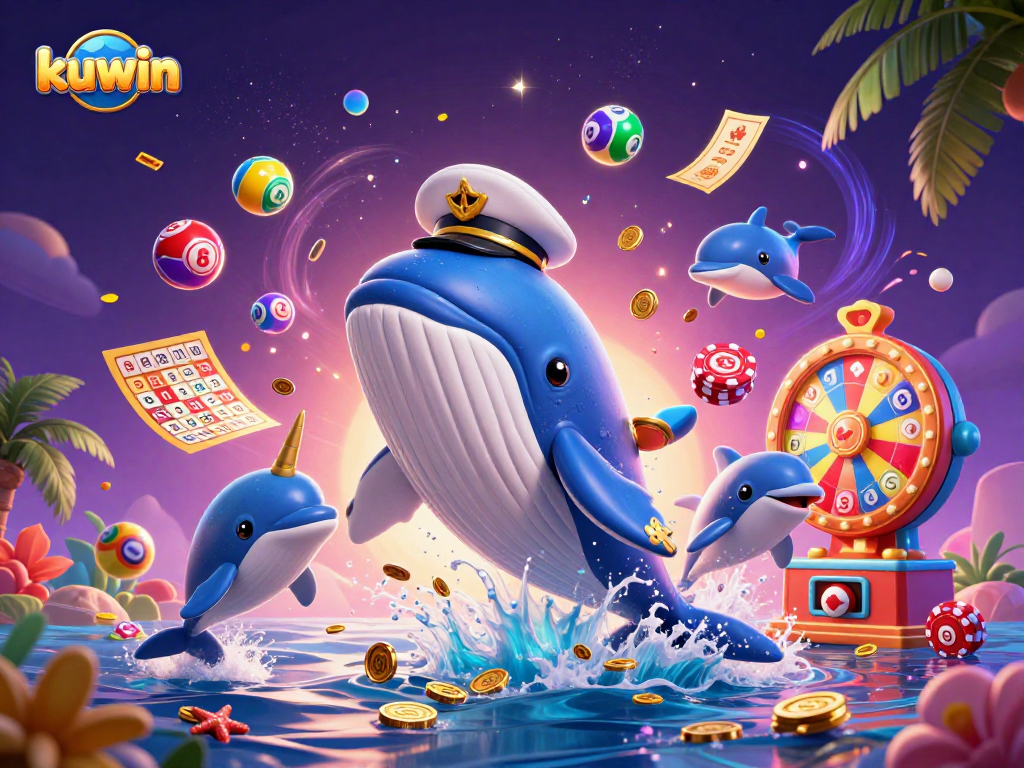 kuwin players engage with a fun-filled scene of winning prizes amidst colorful elements and cheerful creatures