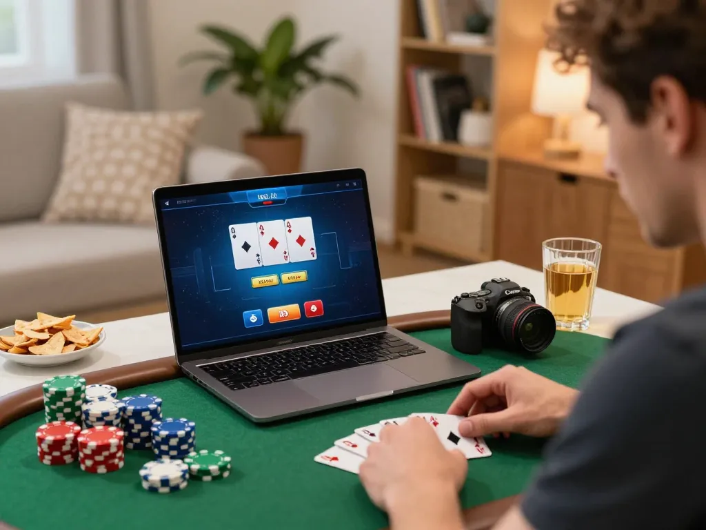 Player engaging in a strategic online poker game on their laptop, emphasizing the concept of 7m cn and dynamic gameplay.