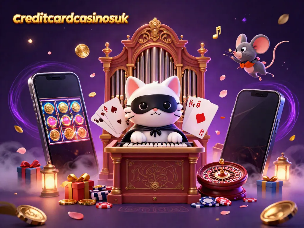 Experience the enchantment of creditcardcasinosuk with a lively casino scene featuring a masked cat, mouse acrobat, and gaming elements.