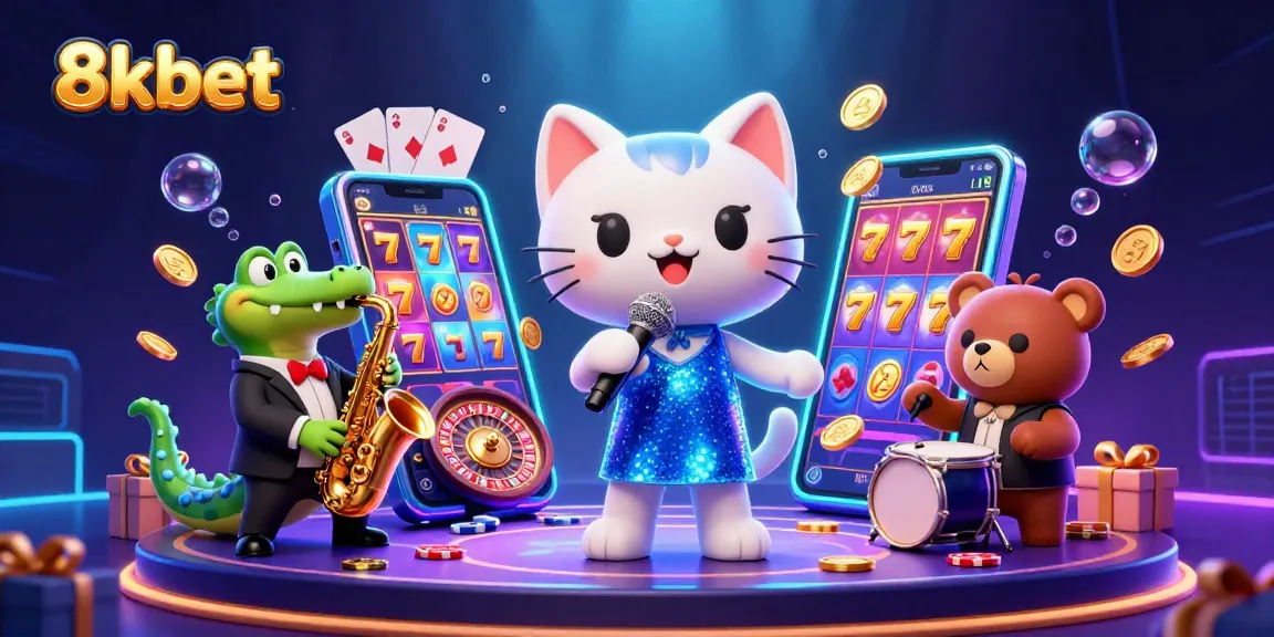 Experience the thrill of 8xbet with dynamic casino characters performing in a vibrant scene.
