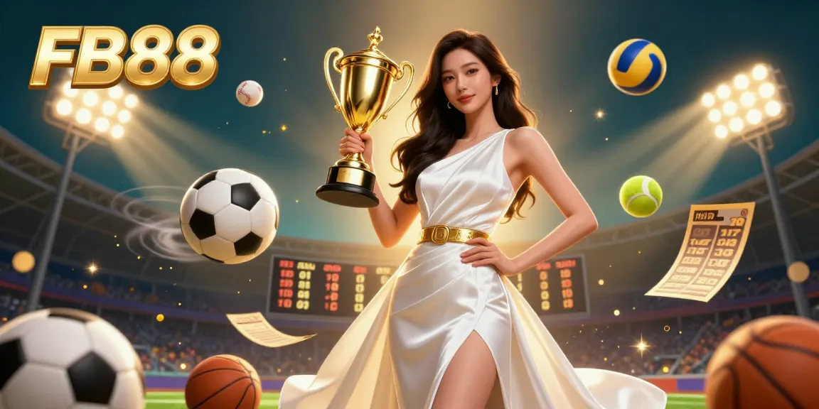 Win big at FB88, featuring a victorious woman holding a trophy amidst vibrant sports betting elements.