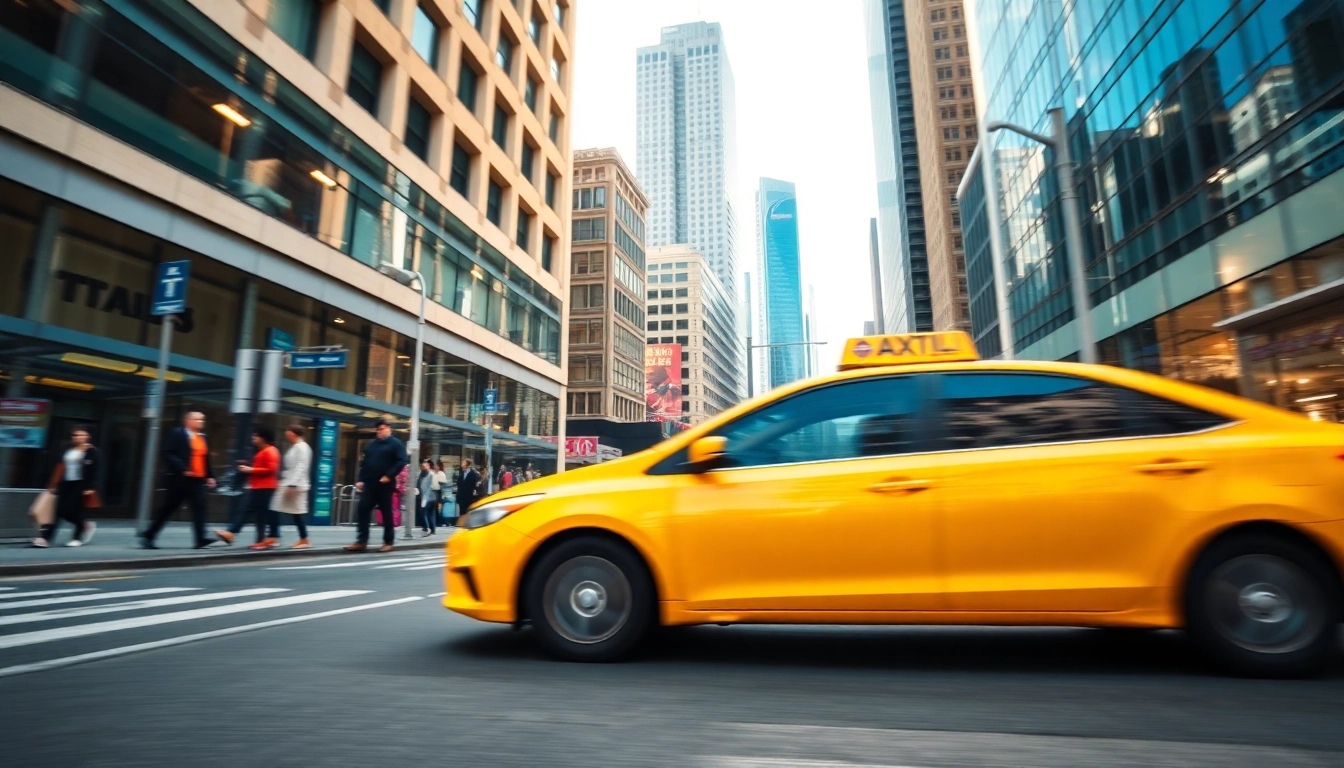 Taxi navigating through a vibrant urban street scene filled with pedestrians.