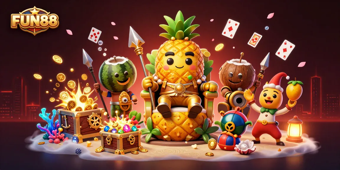 Fun88 engages players with vibrant casino adventures featuring a golden pineapple king and exciting games.