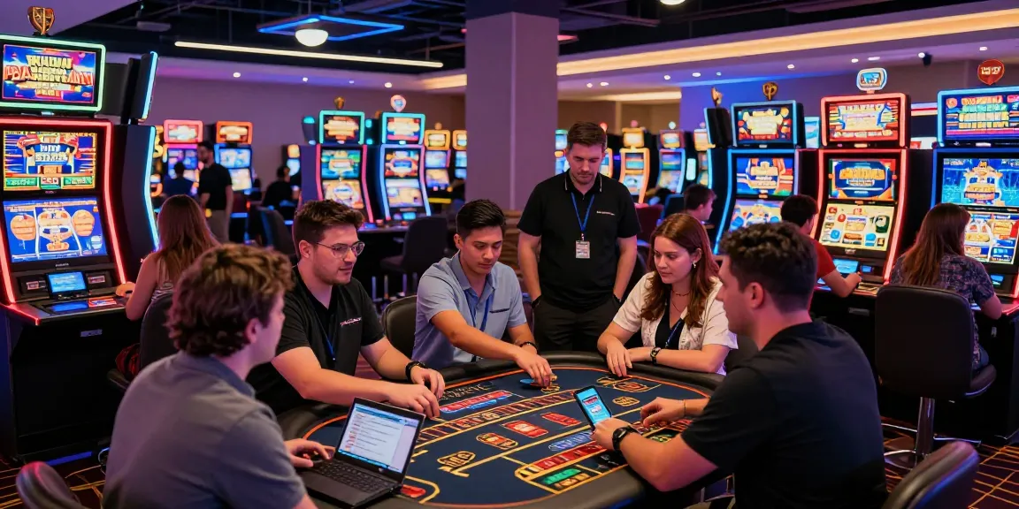 Exciting casino gaming scene with players at tables and screens featuring https://troyuk.co.uk, showcasing vibrant atmosphere and promotions.