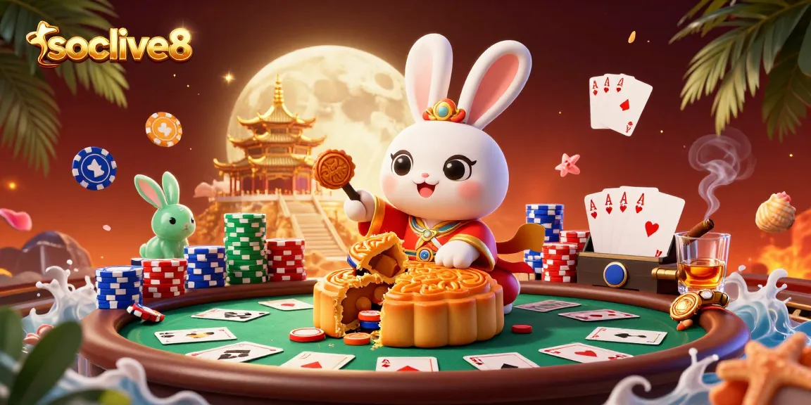 Socolive8 brings excitement with a moon rabbit pounding mooncakes revealing poker chips, set in a lush casino atmosphere.