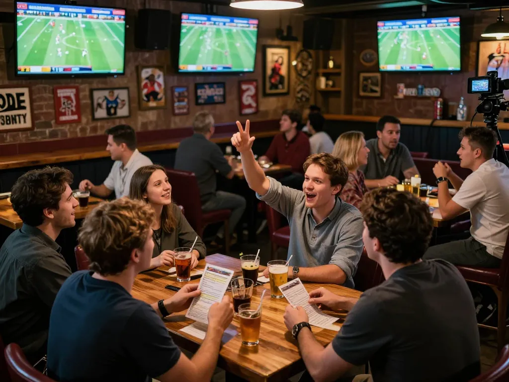 Xoilac fans engaging in live sports betting with multiple screens at a sports bar, capturing excitement and social interaction.