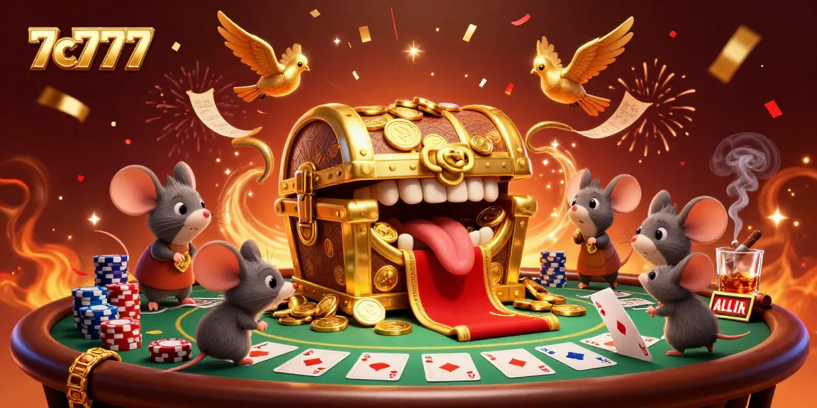 Experience the excitement of 7c777 with dynamic casino visuals featuring treasure chests and poker elements.